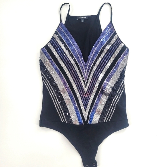 Express Deep v Silver Sequin Bodysuit Size S - Picture 1 of 6